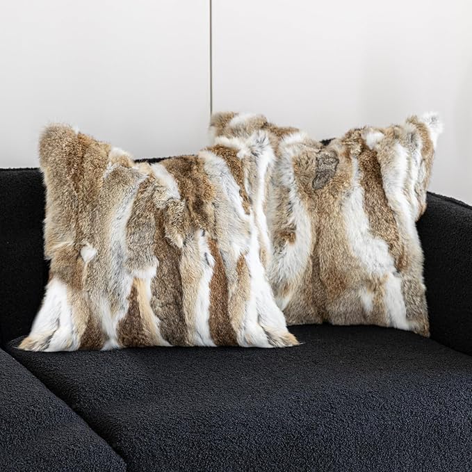 MOOX Rabbit Fur Throw Pillow Covers Decorative Fluffy Soft Fuzzy Plush Luxury Genuine Animal Skin Lumbar Pillow 18"x18" Cushion Cover, Couch-Yellow White