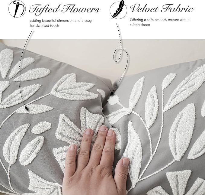 BlissBlush 20x20 Throw Pillow Cover, Square Light Gray Decorative Cushion Cover for Couch Sofa, Embroidered Velvet Farmhouse Accent Pillowcase (Cover Only)