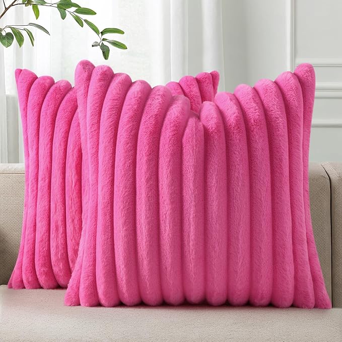 Pallene Faux Fur Plush Throw Pillow Covers 22x22 Set of 2, Luxury Soft Fluffy Striped Decorative Pillow Covers for Sofa, Couch, Living Room, Hot Pink