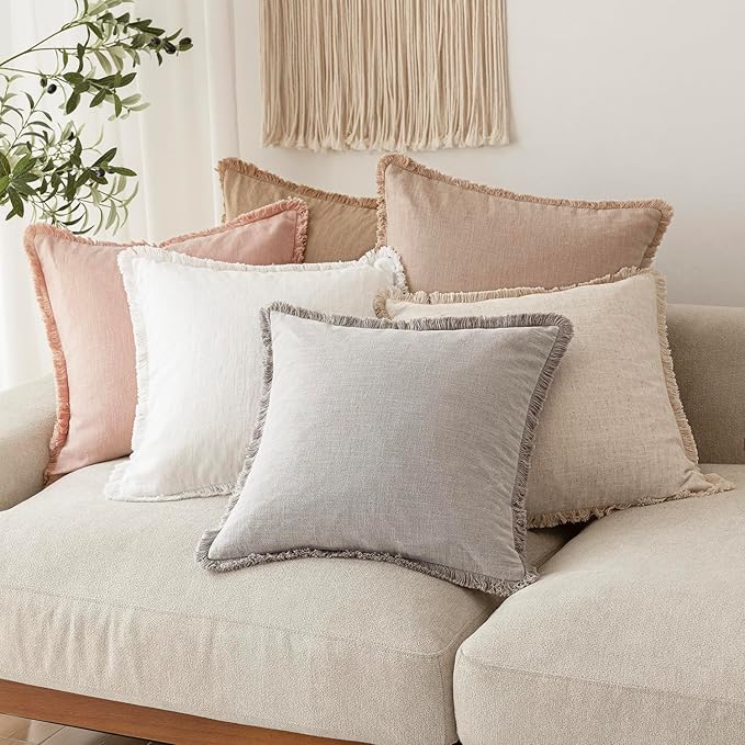 Foindtower Set of 2 Decorative Linen Fringe Throw Pillow Covers Boho Farmhouse Cushion Cover with Tassels Soft Accent Pillowcase for Couch Chair Sofa Bed Living Room Home Decor,16×16 Inch,Light Pink
