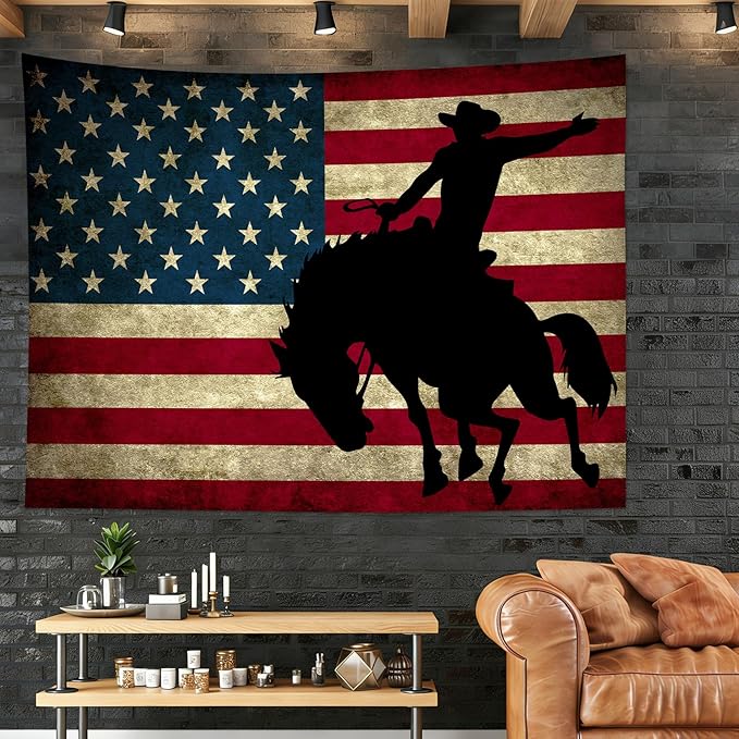 LB Western Cowboy Tapestry Vintage American Flag Tapestry for Bedroom Cool Man on Black Horse Tapestries Wall Hanging for Living Room College Dorm Wall Decor,60x40 inches