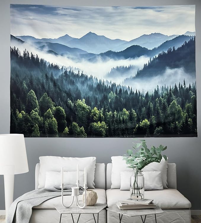 TUGCAY Misty Mountain Forest Tapestry Foggy Tree Tapestry Nature Scenery Landscape Wall Tapestries Aesthetic for Bedroom Living Room Dorm Office Decor 80 x 60 Inches