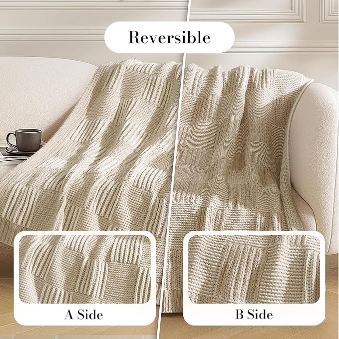 Amélie Home Checkered Knit Throw Blanket for Couch, Chenille Texture Decorative Soft Blanket for Sofa & Chair, 60"x80", Beige & Ivory