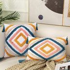 JASEN Colorful Boho Throw Pillow Covers 12x20, Diamond Pattern Lumbar Pillow Covers with Tassel Woven Tufted Decorative Pillow Cover for Couch Sofa Bedroom Living Room