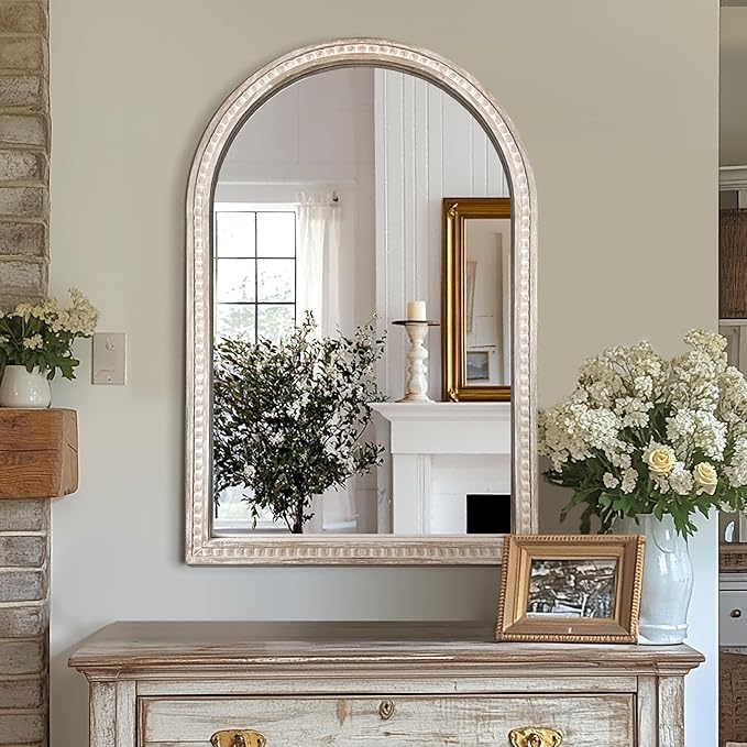 Arched Vanity Wall Mirror 36 x 24 Inch Beaded Wood Frame Boho Farmhouse Decorative Mirror for Bathroom Bedroom Entryway Living Room