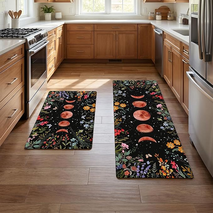 Kitchen Rug Mats for Floor Cushioned Anti Fatigue Black Kitchen Rugs Sets of 2 Moon Garden Floral Non Slip Waterproof Comfort Memory Foam Standing Floor Mat for Office Laundry Sink Desk