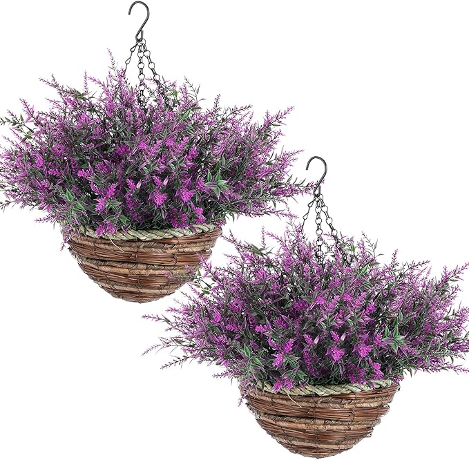 2 Sets Artificial Lavender Flowers with Hanging Basket for Outdoor Indoor Artificial Faux Hanging Flowers Plants Rattan Lining for Porch Garden Yard Spring Summer Decor(Red Lotus)