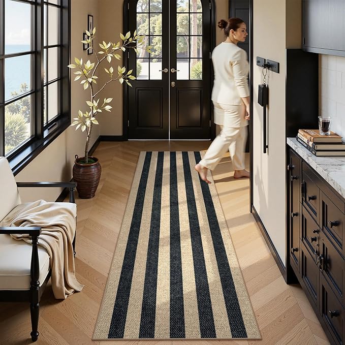 Lahome Elance Striped Easy Jute Kitchen Runner, 2x8 Washable Runner Rug for Hallway Entryway, Farmhouse Non Slip Non Shedding Black Indoor Outdoor Carpet for Entry Porch