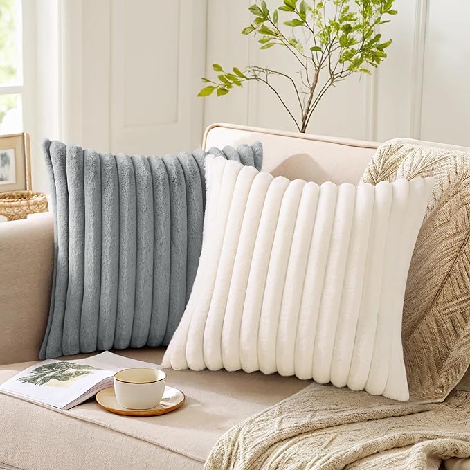 Pallene Faux Fur Plush Throw Pillow Covers 16x16 Set of 2, Luxury Soft Fluffy Striped Decorative Pillow Covers for Sofa, Couch, Living Room, Grey