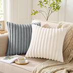 Pallene Faux Fur Plush Spring Throw Pillow Covers 24x24 Set of 2, Luxury Soft Fluffy Striped Decorative Pillow Covers for Sofa, Couch, Living Room, Cream White