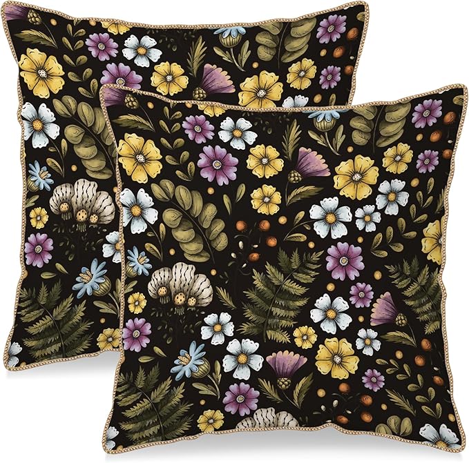 Blue Yellow Purple Floral Soft Velvet Throw Pillow Covers Set of 2 Plant Botanical Flowers Decorative Pillow Covers 16x16 In Vintage Black Pillow Case For Sofa Couch Living Room Farmhouse Home Decor