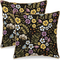 Blue Yellow Purple Floral Soft Velvet Throw Pillow Covers Set of 2 Plant Botanical Flowers Decorative Pillow Covers 16x16 In Vintage Black Pillow Case For Sofa Couch Living Room Farmhouse Home Decor