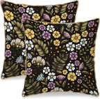 Blue Yellow Purple Floral Soft Velvet Throw Pillow Covers Set of 2 Plant Botanical Flowers Decorative Pillow Covers 16x16 In Vintage Black Pillow Case For Sofa Couch Living Room Farmhouse Home Decor