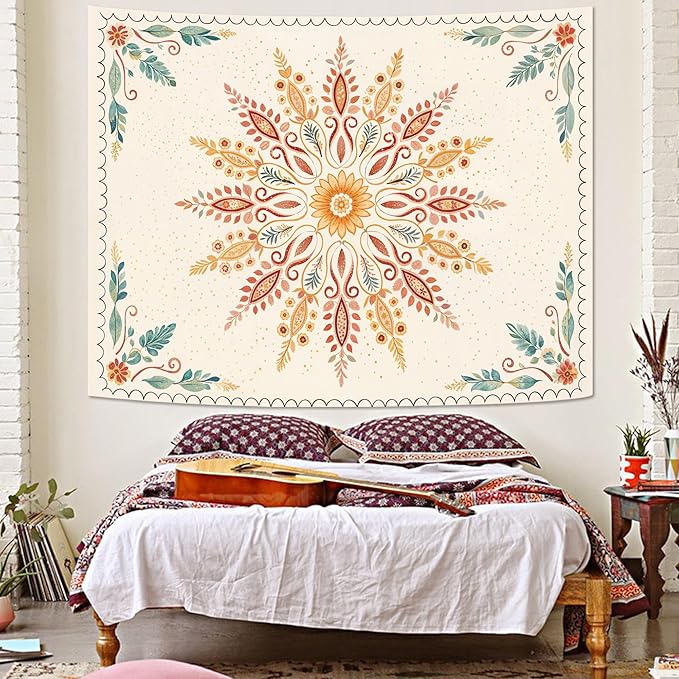 Accnicc Boho Floral Mandala Tapestry for Bedroom Bohemian Flower Wall Tapestry Aesthetic Large Watercolor Yellow Beige Hippie Indian Tapestries Wall Hanging for Living Room Dorm Decor 80 x 60 Inch