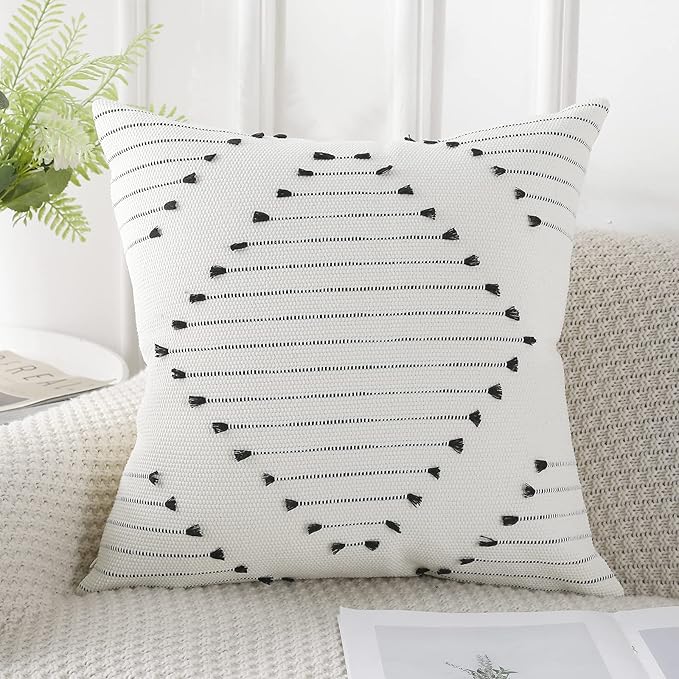 PANOD Knitted Boho Tufted Throw Pillow Covers with Tassel 20x20 inch, Decorative Indoor Outdoor Bohemian Square Cushion case Pillowcase for Couch Sofa Bedroom car Farmhouse Black and Cream White