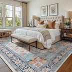 Lessymo 9×12 Area Rugs Washable for Living Room, Large Soft Indoor Rug Non-Slip for Bedroom Kitchen Dining Room Dorm Nursery, Vintage Boho Carpet Stain Resistant for Office Home Decor, Orange/Blue