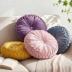 Kathfly Set of 4 Decorative Round Pleated Throw Pillows, Classy Velvet Pumpkin Round Throw Pillows, Decorative Floor Pillow for Bed Chair Home Sofa Decor, 14" Diameter (Purple, Blue, Green, Pink)