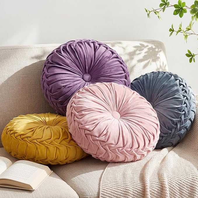 Kathfly Set of 4 Decorative Round Pleated Throw Pillows, Classy Velvet Pumpkin Round Throw Pillows, Decorative Floor Pillow for Bed Chair Home Sofa Decor, 14" Diameter (Purple, Blue, Green, Pink)