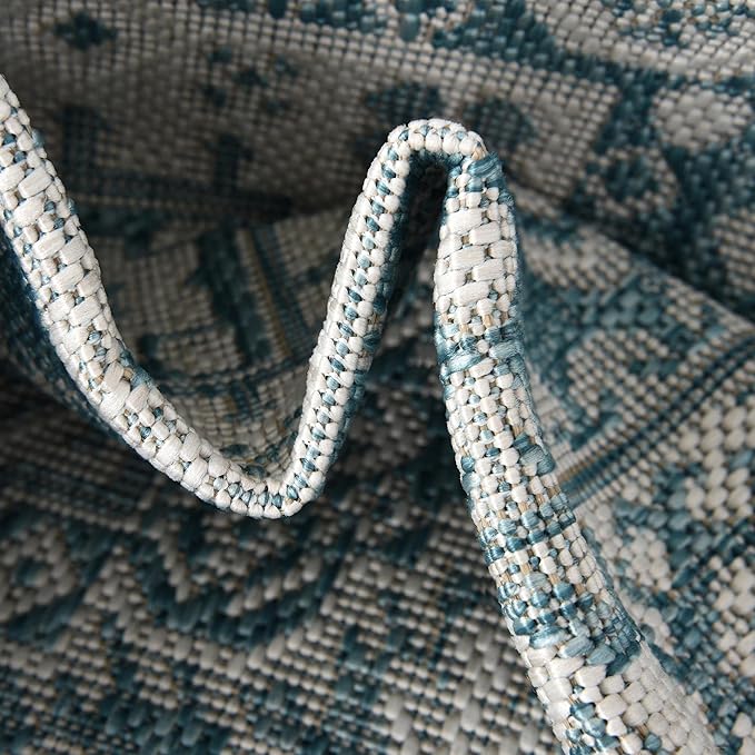 Rugs.com Outdoor Aztec Collection Rug – 12 Ft Runner Aqua Flatweave Rug Perfect for Hallways, Entryways