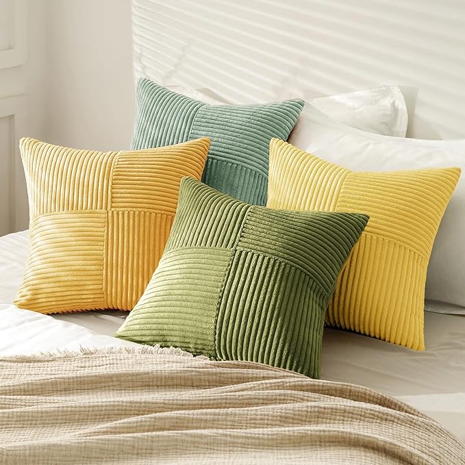 MIULEE Boho Farmhouse Spring Decorative Throw Pillow Covers 18x18 Inch 4 Packs Soft Vintage Pillow Cases Modern Corduroy Patchwork Cushion Covers for Couch Sofa Bed Summer Home Decor, Yellow Green