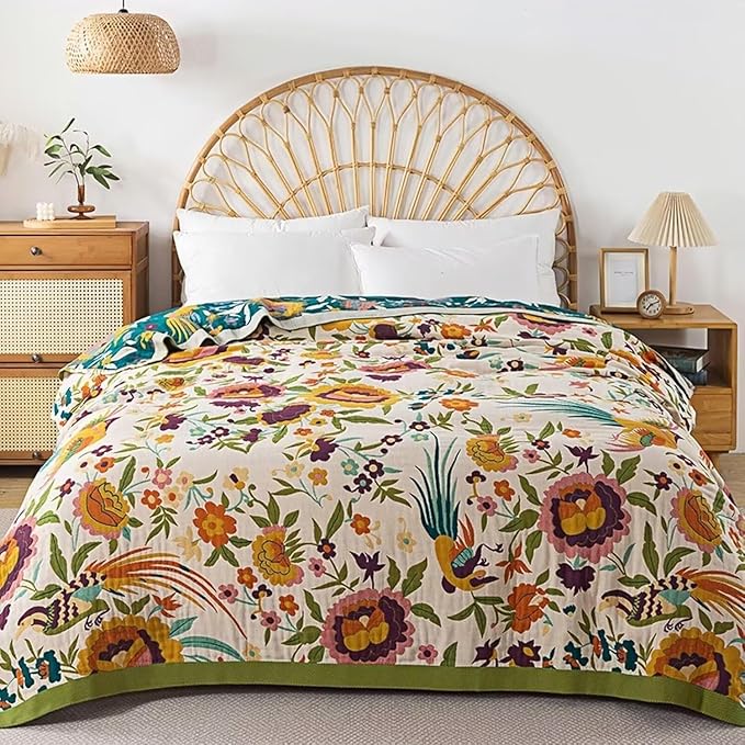 Boho Blanket for Bed 100% Cotton Bohemian Throw Blankets Ultra Soft Woven Muslin Decorative Blankets All Seasons Vintage Quilt Knitted Blanket for Sofa Chair(Beige, 60"x80")