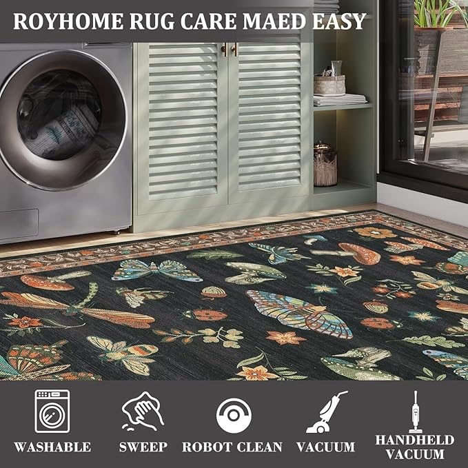Mushroom Washable Rugs 5x7 for Living Room Low-Pile Whimsical Cottage Core Insect Bug Butterfly Funky Dark Gothic Decor for Bedroom Nursery Dining Room Black Brown