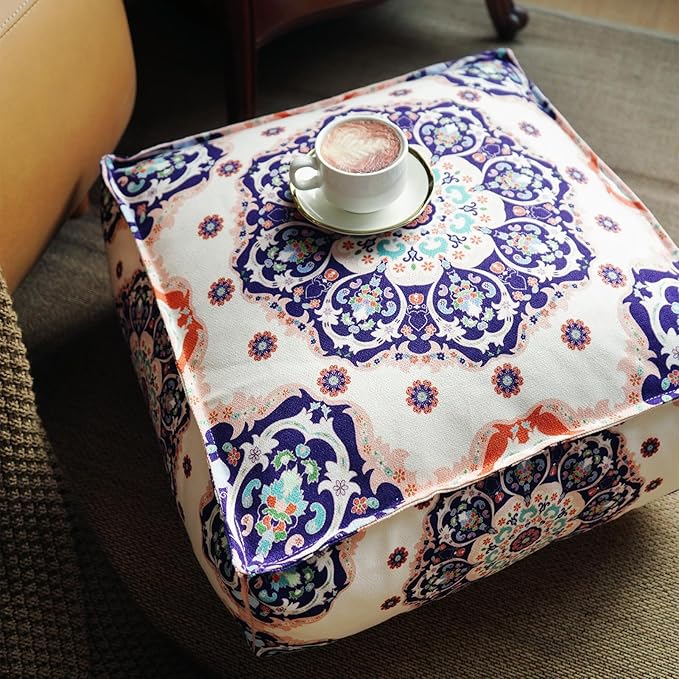 Unstuffed Pouf Cover Ottoman Footrest Bohemian Chenille Foot Stool Floor Bean Bag 20x20x8 Inches for Living Room Bedroom Home Decor (Blue, Square)