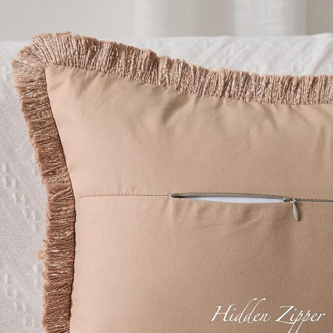 Kevin Textile 14x36 Inch Long Lumbar Pillow Cover 1 Pack Boho Fringe Decorative Rectangle Cushion Case with Tassels Neutral Cotton Woven Textured Farmhouse for Living Room Couch Sofa Bed, Khaki Brown