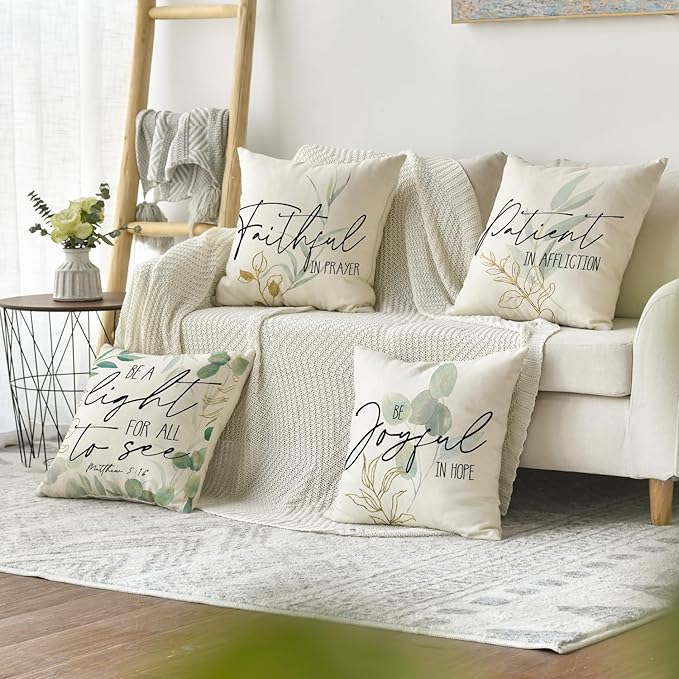 AVOIN colorlife Eucalyptus Leaves Fall Throw Pillow Covers, 18 x 18 Inch Green Leaves Be A Light for All to See Cushion Case Decoration for Sofa Couch Set of 4
