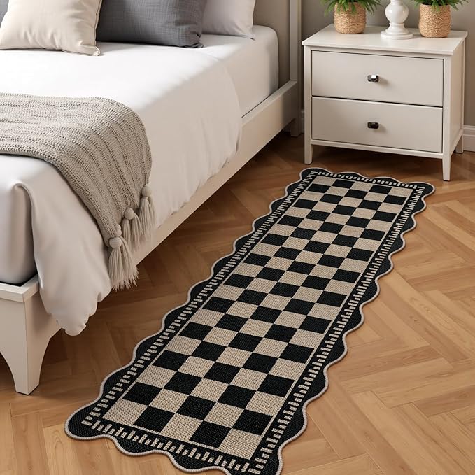Checkered Easy Jute Runner, 2x6 Kitchen Runner Rug Non Slip Washable Rug for Entryway Indoor, Checkerboard Indoor Outdoor Scalloped Carpet for Hallway Laundry Balcony