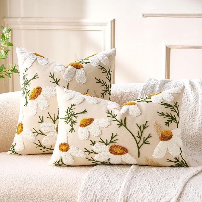 Embroidered Lumbar Pillow Covers Boho Farmhouse Daisy Tufted Pillow Covers Floral Decorative Couch PillowCases 12x20 Cottagecore Square Cushion Cover Set of 2 for Living Room Couch Sofa Bed Home Decor