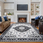 Amearea Vintage Design Area Rugs for Living Room, 8x10 Machine Washable Floral Collection Traditional Bedroom Rug, Low Pile Cute Kids Room Print Carpet, No Slip Office Kitchen Home Decor, Black