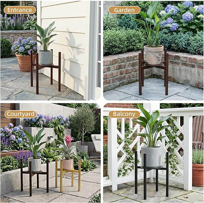 Plant Stand Indoor for 2 Height Options ,Mid Century Modern Outdoor Planter Holder,Corner Plant Stand Capacity of 160LB for 8 to 14 Inch Pots Coffee with Round Plate