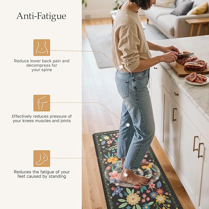GENIMO Kitchen Mats for Floor 2PCS, Cushioned Kitchen Rugs Non Slip Washable, Farmhouse Anti Fatigue Mat Waterproof, Comfort Standing Mat Rug for Laundry, Office, Home, Sink, 23.6"x71"+20"x32", Black
