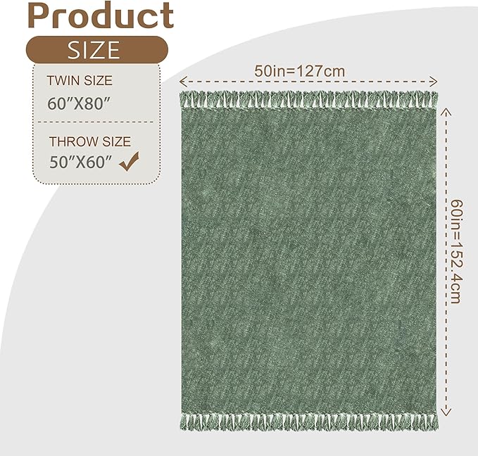 Chenille Throw Blanket for Couch with Tassels,50"X60" Soft Cozy Lightweight Knitted Boho Decorative Blankets for Bed and Sofa,Light Green