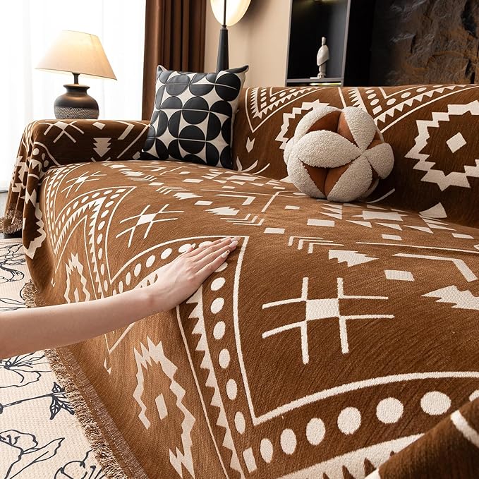 VClife Bohemian Couch Cover Aztec Geometric Chenille Sofa Cover for Sectional Couch - Brown and White Zigzag Pattern Sofa Slipcover for 2 Cushion Couch Sofa 71" X 150"