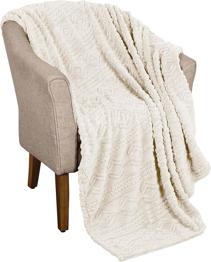 Superior Fleece Boho Jacquard Blanket, Decorative Blankets for Bedroom, Sofa, Fuzzy, Plush, Fluffy, Soft, Cute Room Decor, Beautiful Cover, Comfort Essentials, Arctic Collection, Throw, Ivory