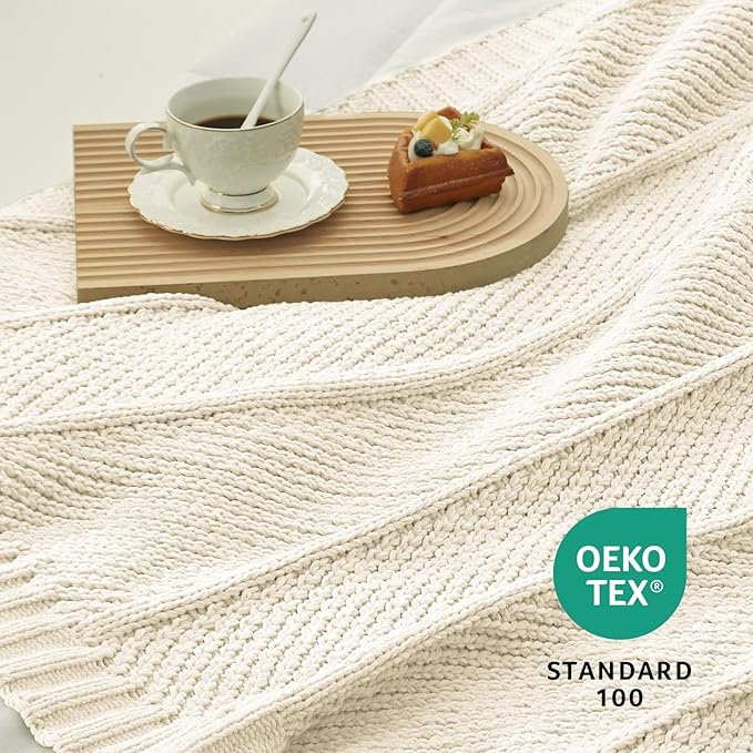 Amélie Home Chevron Chenille Knit Throw Blanket for Couch, Cozy Texture Decorative Soft Blanket for Sofa & Chair, 60"x80", Ivory