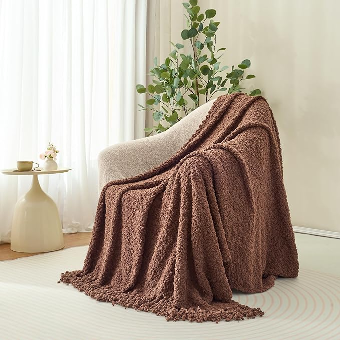 Throw Blanket for Couch, Brown Luxury Knitted Throws 50"x60", Textured Blankets with Handmade Fringe Tassels for Bed Sofa Decorative, Chunky Soft Farmhouse Boho Home Decor