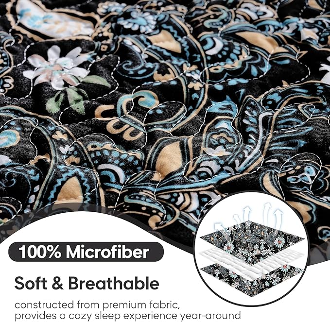 JSD Black Paisley Floral Quilt Set Full Queen, 3 Piece Printed Bedspreads Coverlet with Pillow Sham, Soft Microfiber Quilted Blanket