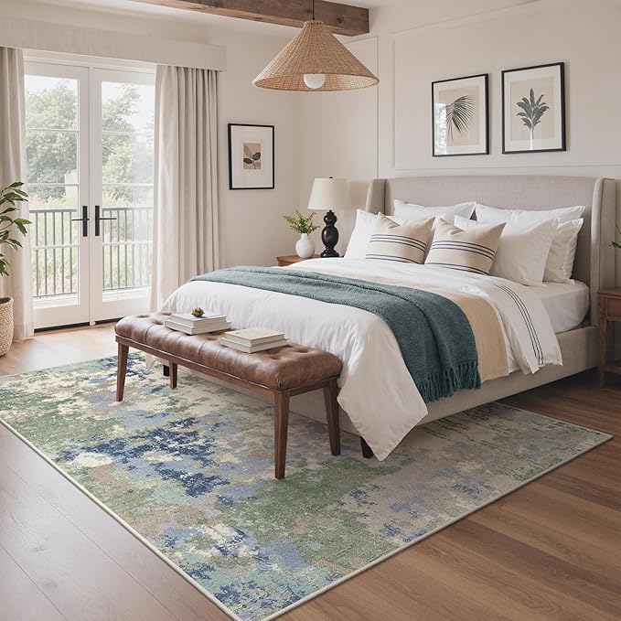 GENIMO 5X7 Washable Modern Area Rugs for Living Room, Non-Slip Low Pile Chenille Print Rug, Soft Rugs for Bedroom Dining Room Home Office, Sage Mist