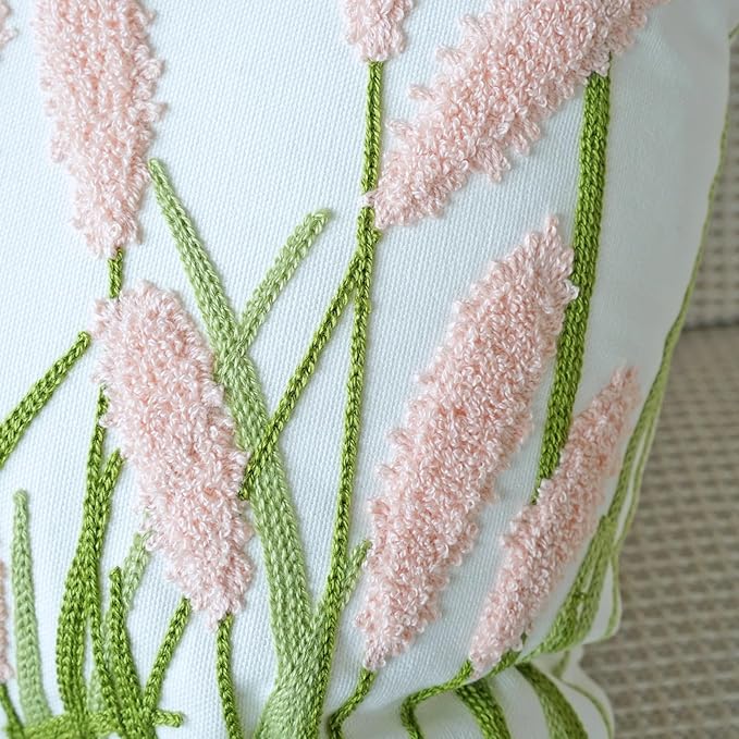vctops Farmhouse Pampas Grass Cotton Tufted Throw Pillow Cover Boho Embroidery Pillowcase Soft Square Cushion Case for Sofa Couch Bed Chair (Light Pink,18"x18")