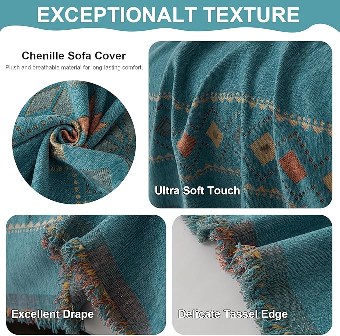 VClife Boho Couch Cover Green Geometric Jacquard Pattern Sofa Cover, 1 Piece Large Couch Covers for 2 Cushion Couch Sofa Washable Plush Chenille Sofa Protector for Living Room, 71x118 Inch