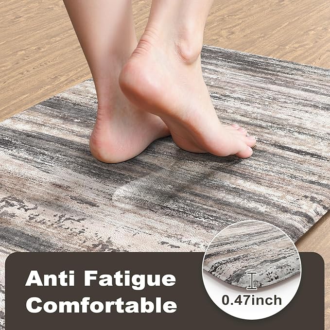 KIMODE Anti Fatigue Kitchen Mats for Floor 2 Piece, 17"x47"+17"x29" Farmhouse Plaid Kitchen Rugs Non Slip, Waterproof Kitchen Floor Mats for Kitchen Floor Sink Laundry Desk Decor Black Grey