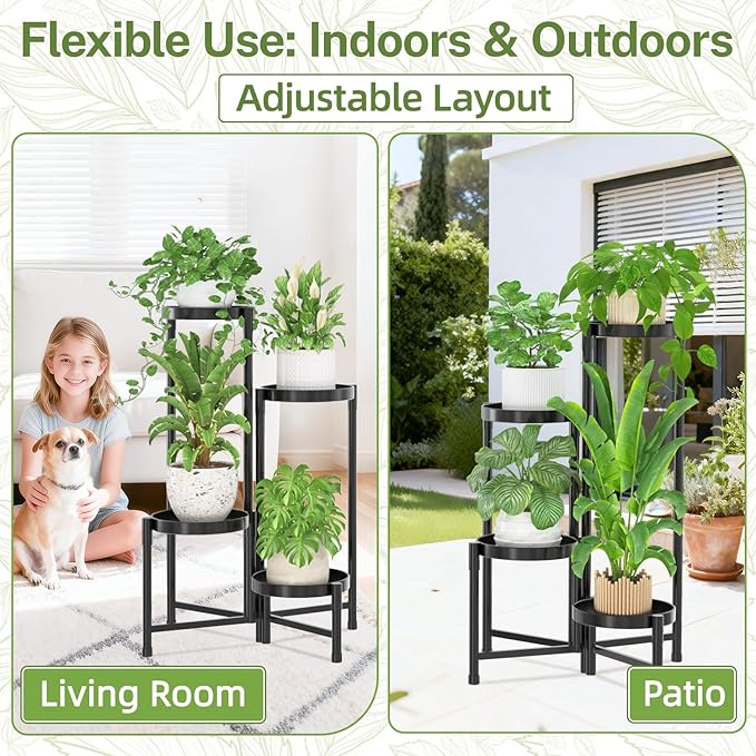 iDavosic.ly Plant Stand Indoor Outdoor, 4 Tier Corner Metal Flower Display Holder Shelf, Folding Tall Orchid Rack for Patio Balcony Porch Garden Living Room House, Black