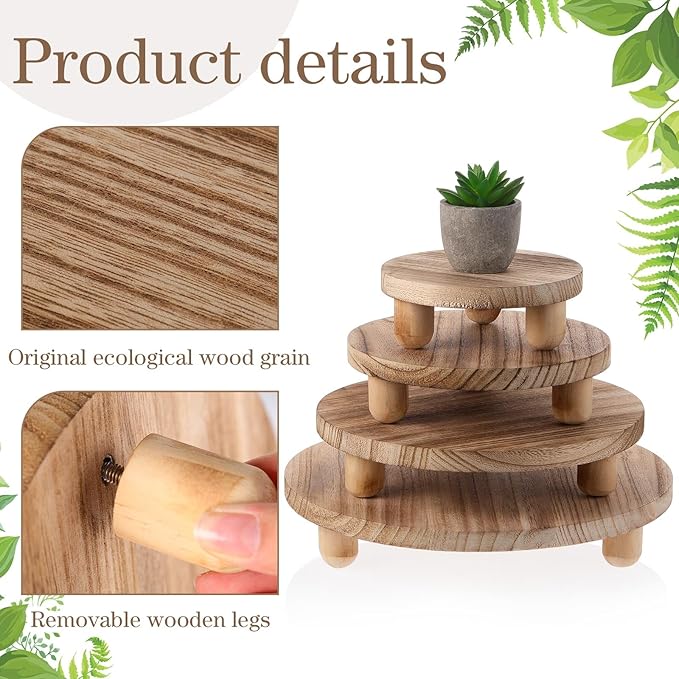 Sintuff 4 Pack Mini Wooden Plant Stool Display Wood Cake Stand 12/10/8/6 Inch Round Plant Risers Holder for Flower Pot Wooden Stool Indoor Outdoor Wood Stand(Beige)
