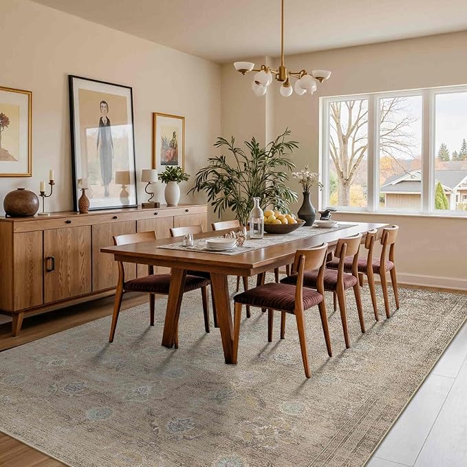 6x9 Area Rugs for Living Room Bedroom, Large Washable Rug, Beige Vintage Retro Boho Rug, Non Slip & Low Pile Faux Wool Thin Carpet for Indoor Dining Room and Kids Room(Beige 6x9ft)