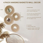 Artilady 4 Pack Hanging Baskets Wall Art - Decorative Woven Wicker Basket Boho Wall Hanging, Rustic Round Mirrors Natural Jute Home Decor Set for Bedroom Living Room Nursery