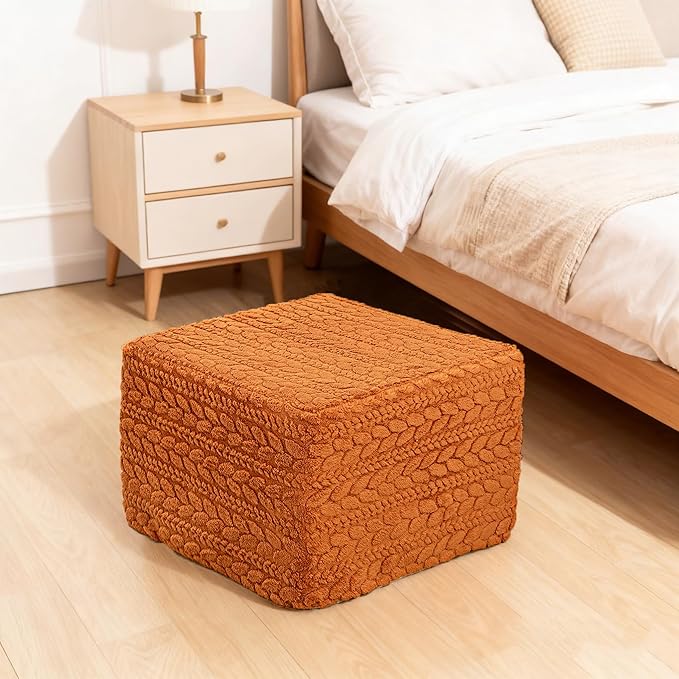 20x20x14 Inches Fluffy Square Pouf Ottoman - Plush Furry Boneless Ottoman Foot Rest Stool with High-Density Foam, Versatile Floor Seating for Living Room (Burnt Orange)