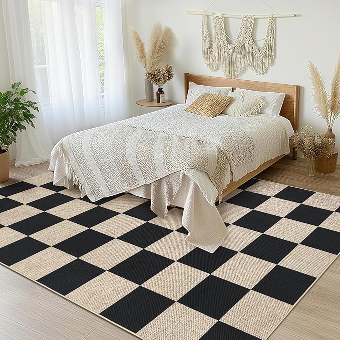 GarveeHome Easy Jute Area Rugs 6x9 for Living Room Non-Slip Backing Checkered Rugs Machine Washable Modern Indoor Outdoor Carpets for Dining Room Nursery Patio Bedroom Backyard Camping Black